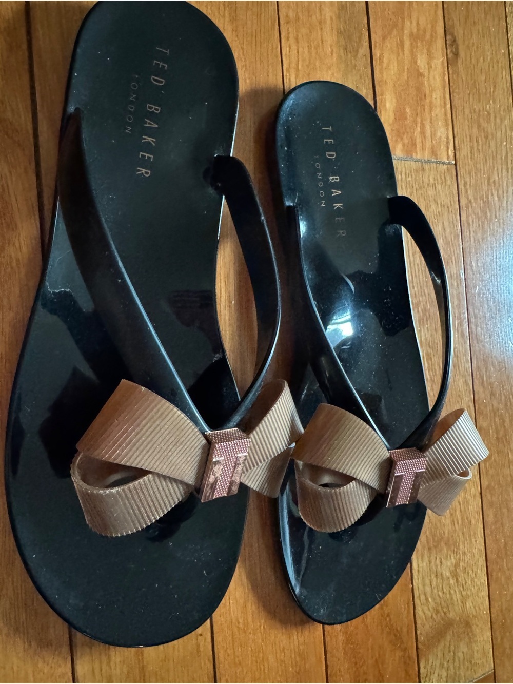 Ted Baker Black Jelly Sandals with Brown Grosgrain Bows